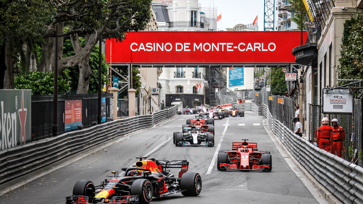 A line of race cars in the Formula 1 Monaco Grand Prix