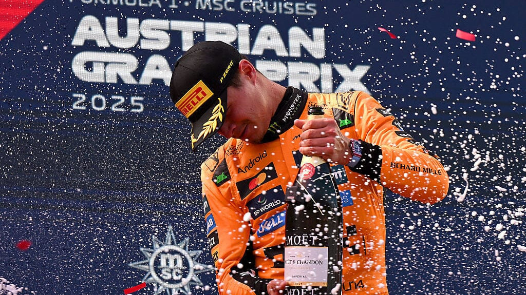 Race winner Lando Norris of Great Britain and McLaren celebrates on the podium with Champagne during the F1 Grand Prix of Austria at Red Bull Ring on June 29th, 2025 i Spielberg, Austria Photo by Sam Bagnall/Sutton Images Editorial #2222751681