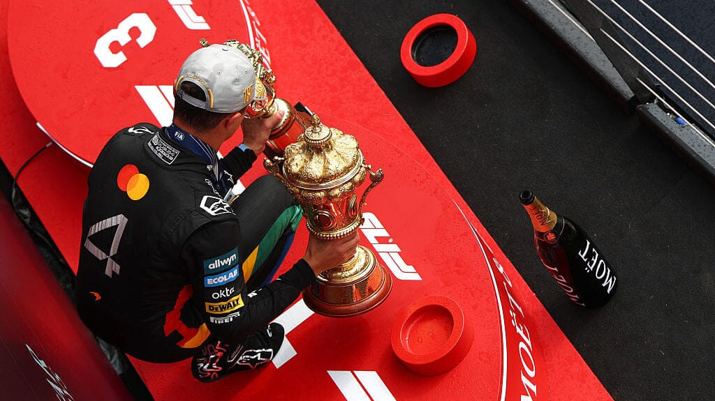 Race winner Lando Norris of Great Britain and McLaren on the podium with his trophies during the F1 Grand Prix of Great Britain at Silverstone Circuit on July 06, 2025 in Northhampton, England Photo by Zak Mauger/Lat Images Editorial # 2223825230