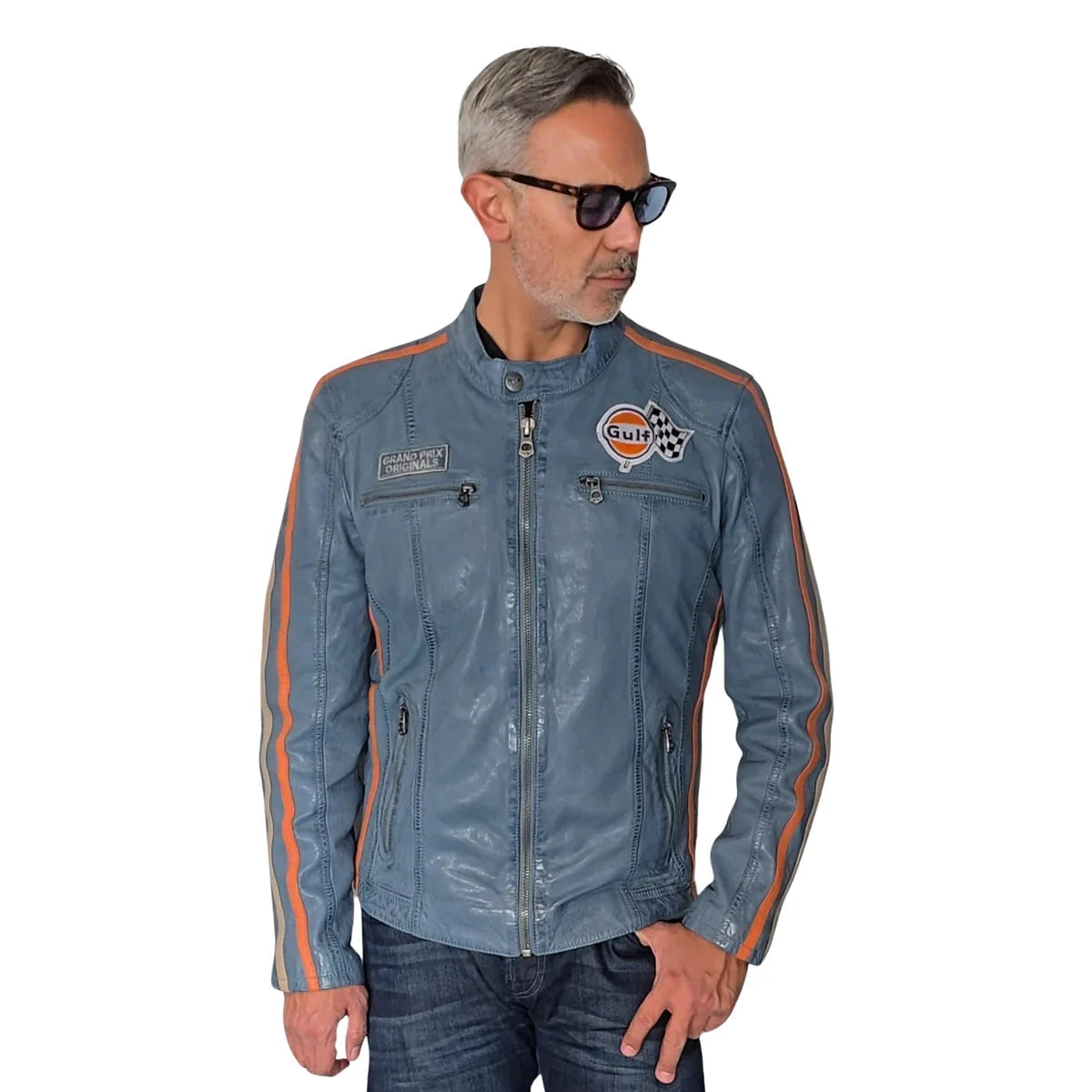 GrandPrix Originals Men's Lambskin Leather Racing Jacket - Olive/Gulf Blue/Orange Jackets GrandPrix Originals USA