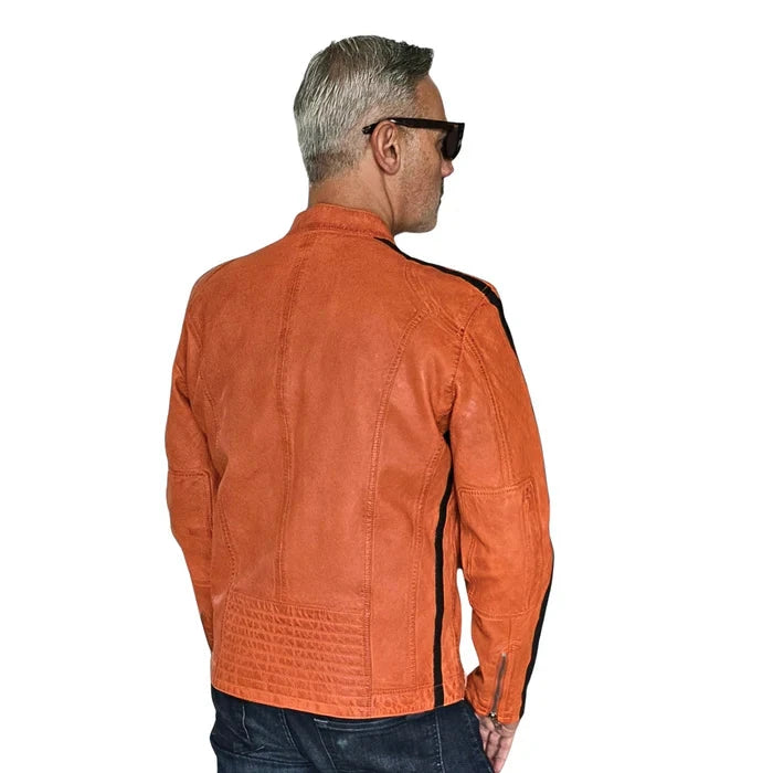 GrandPrix Originals Men's Lambskin Leather Racing Jacket - Olive/Gulf Blue/Orange Jackets GrandPrix Originals USA