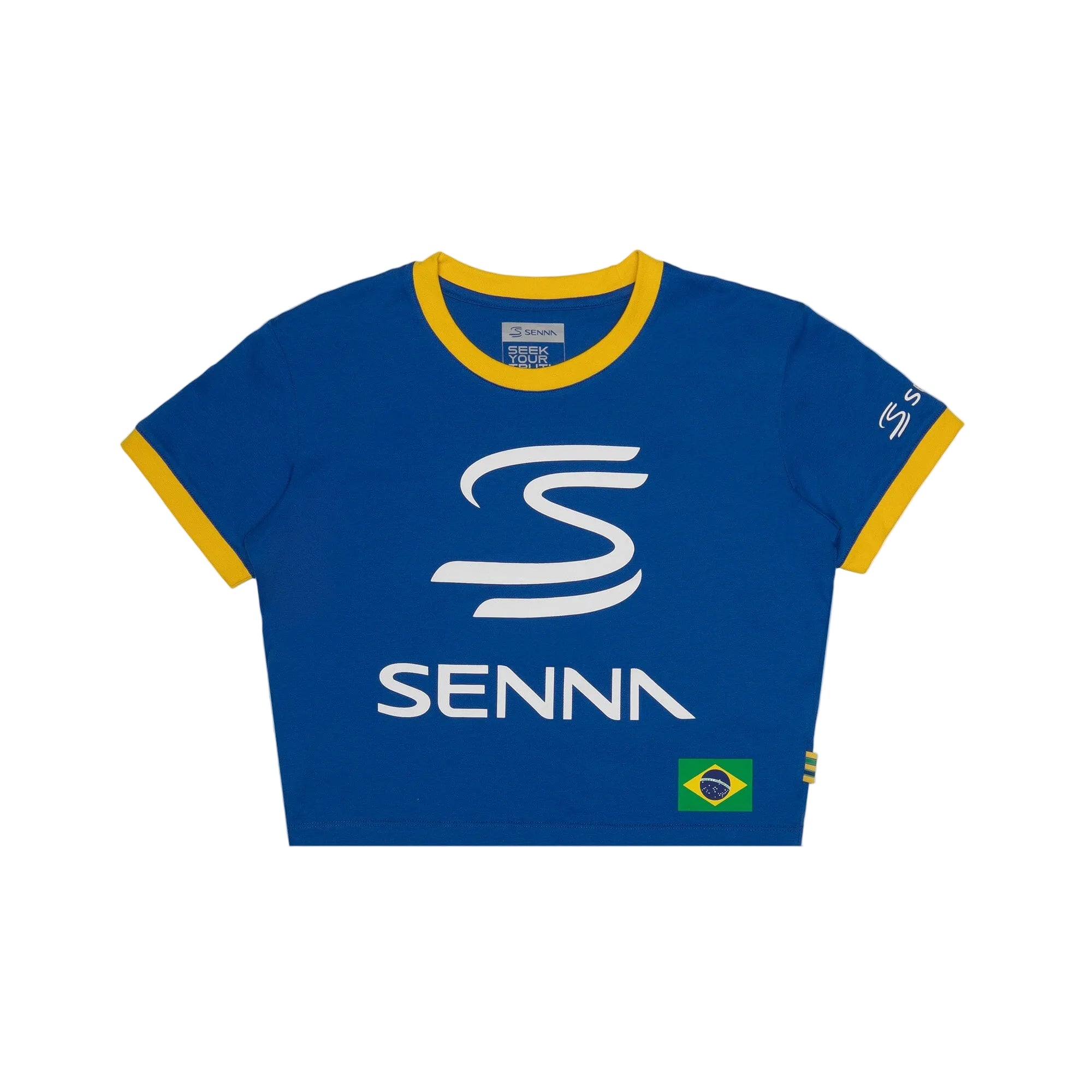 Ayrton Senna F1 Women's Legacy Crop T-Shirt - Blue/Yellow T-shirts Ayrton Senna XXS Blue