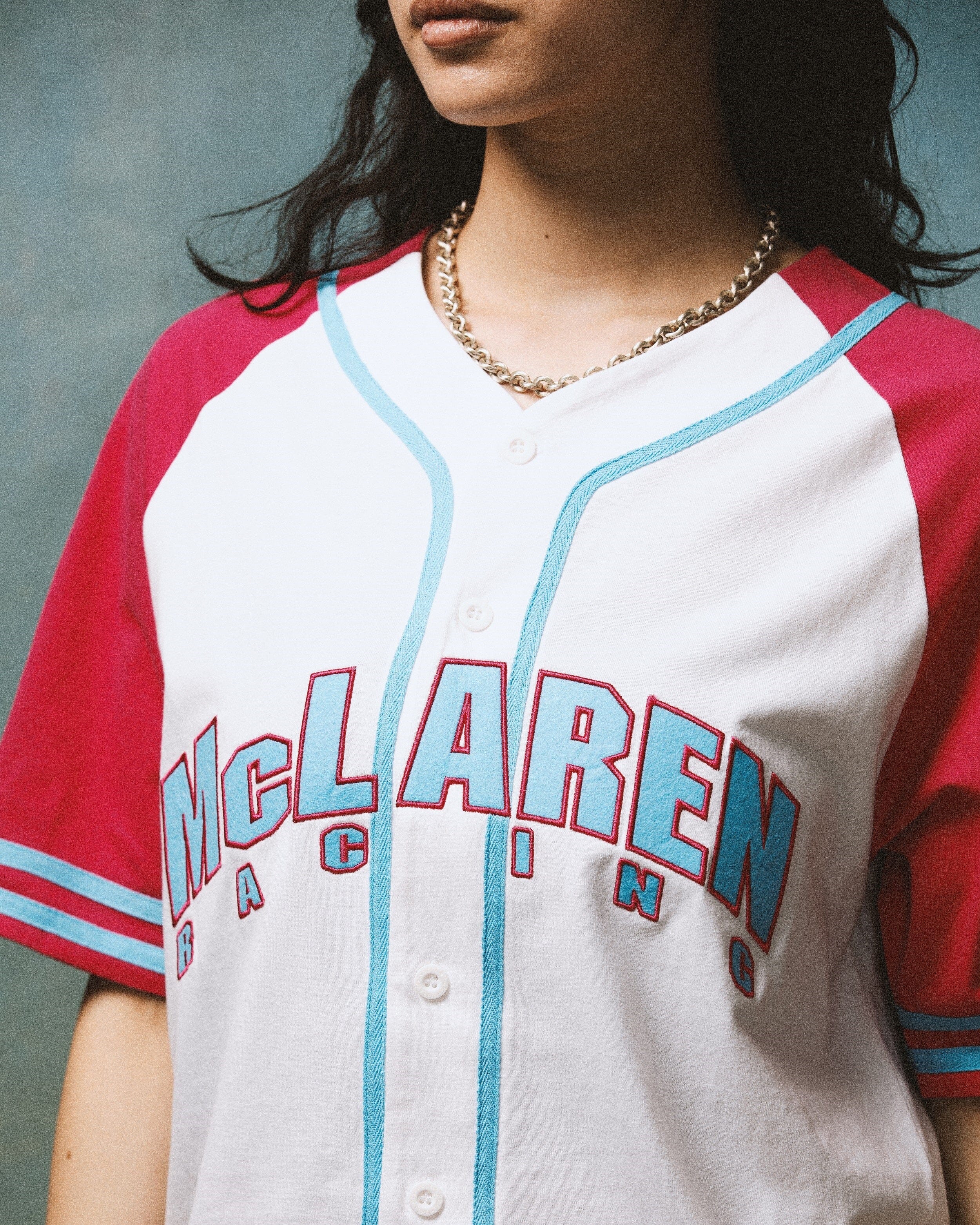 McLaren Racing F1 Special Edition Miami GP Mitchell & Ness Baseball Jersey - Blue/Pink Jersey McLaren-Castore