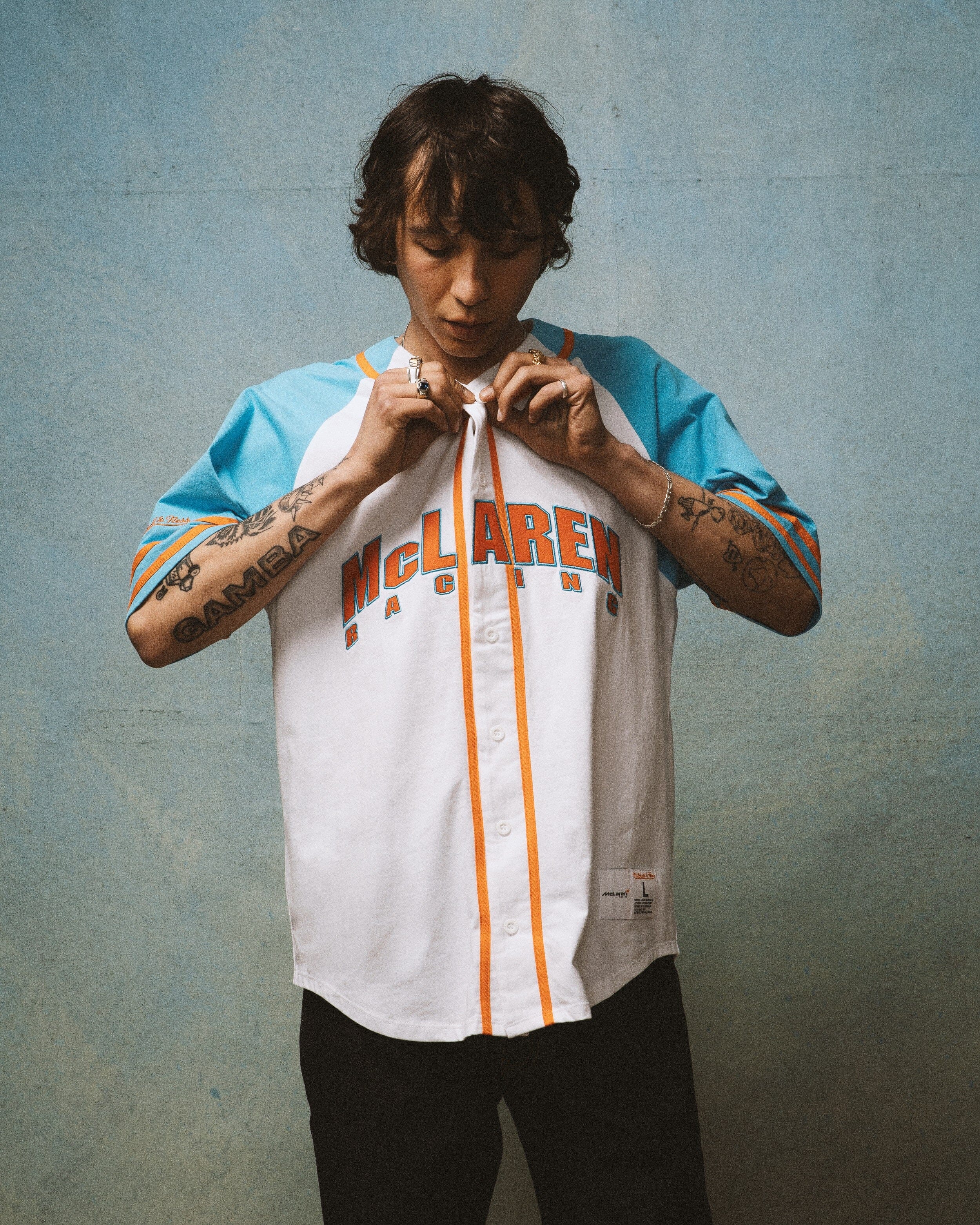 McLaren Racing F1 Special Edition Miami GP Mitchell & Ness Baseball Jersey - Blue/Pink Jersey McLaren-Castore XS Blue