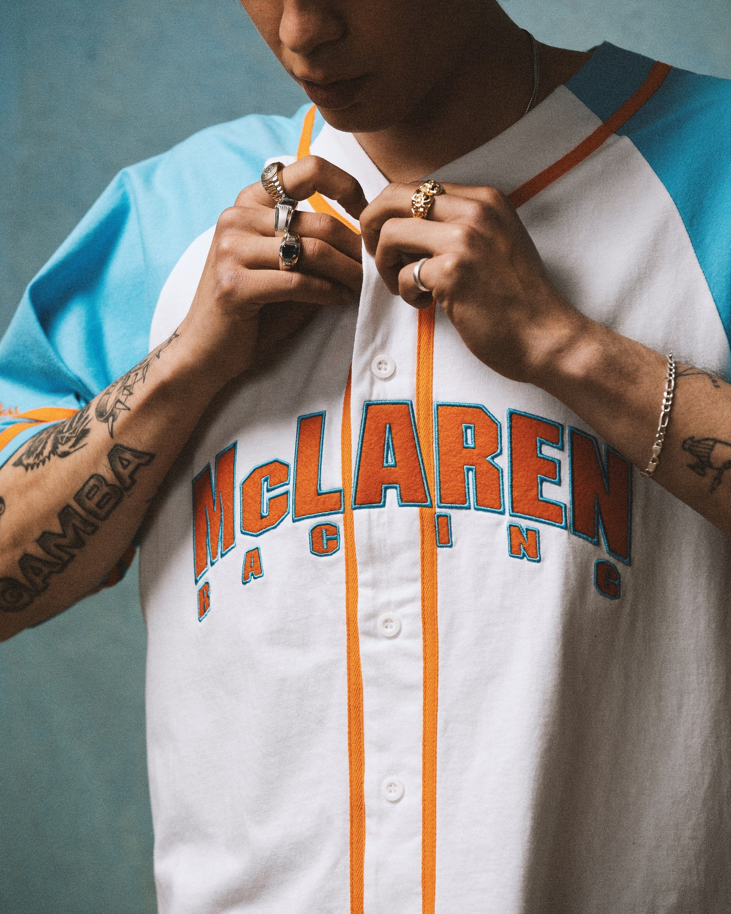 McLaren Racing F1 Special Edition Miami GP Mitchell & Ness Baseball Jersey - Blue/Pink Jersey McLaren-Castore
