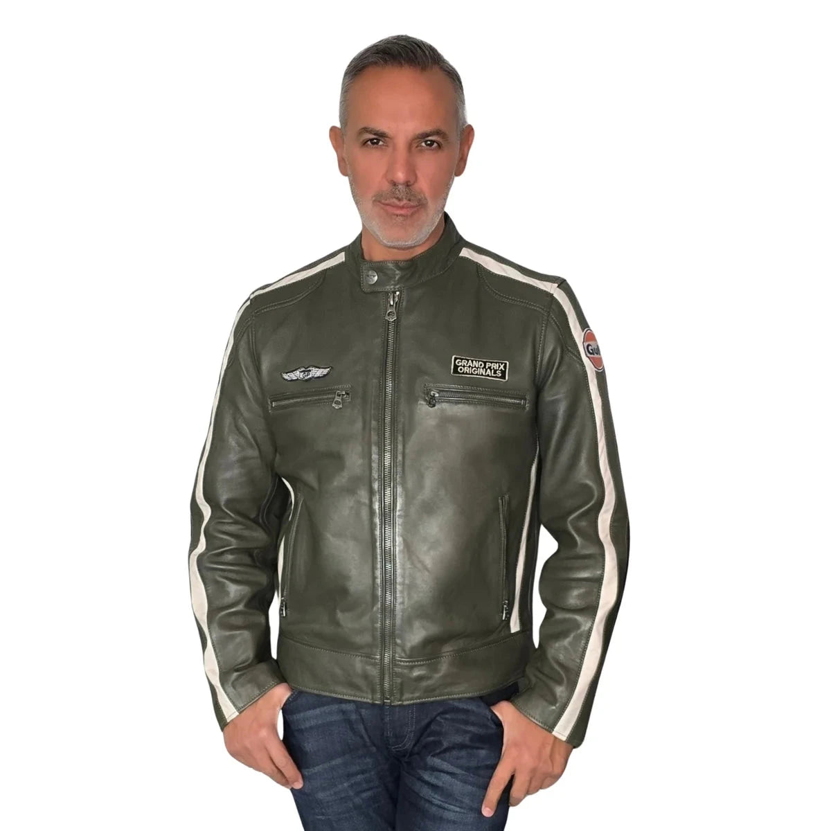 GrandPrix Originals Men's Lambskin Leather Racing Jacket - Olive/Gulf Blue/Orange Jackets GrandPrix Originals USA