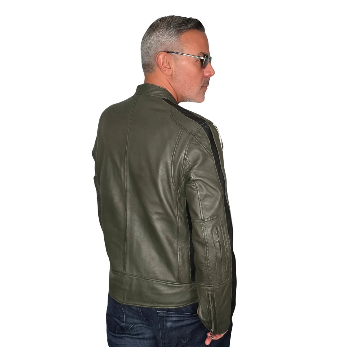GrandPrix Originals Men's Lambskin Leather Racing Jacket - Olive/Gulf Blue/Orange Jackets GrandPrix Originals USA