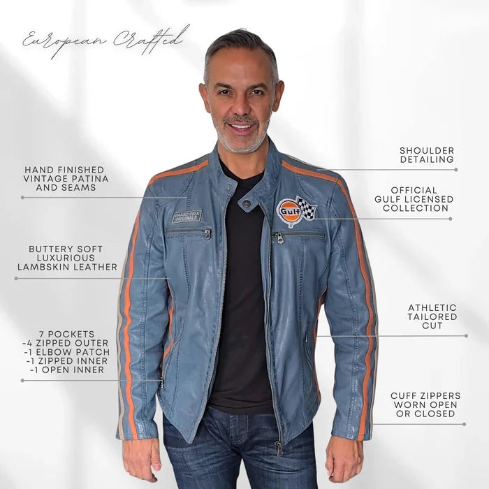 GrandPrix Originals Men's Lambskin Leather Racing Jacket - Olive/Gulf Blue/Orange Jackets GrandPrix Originals USA