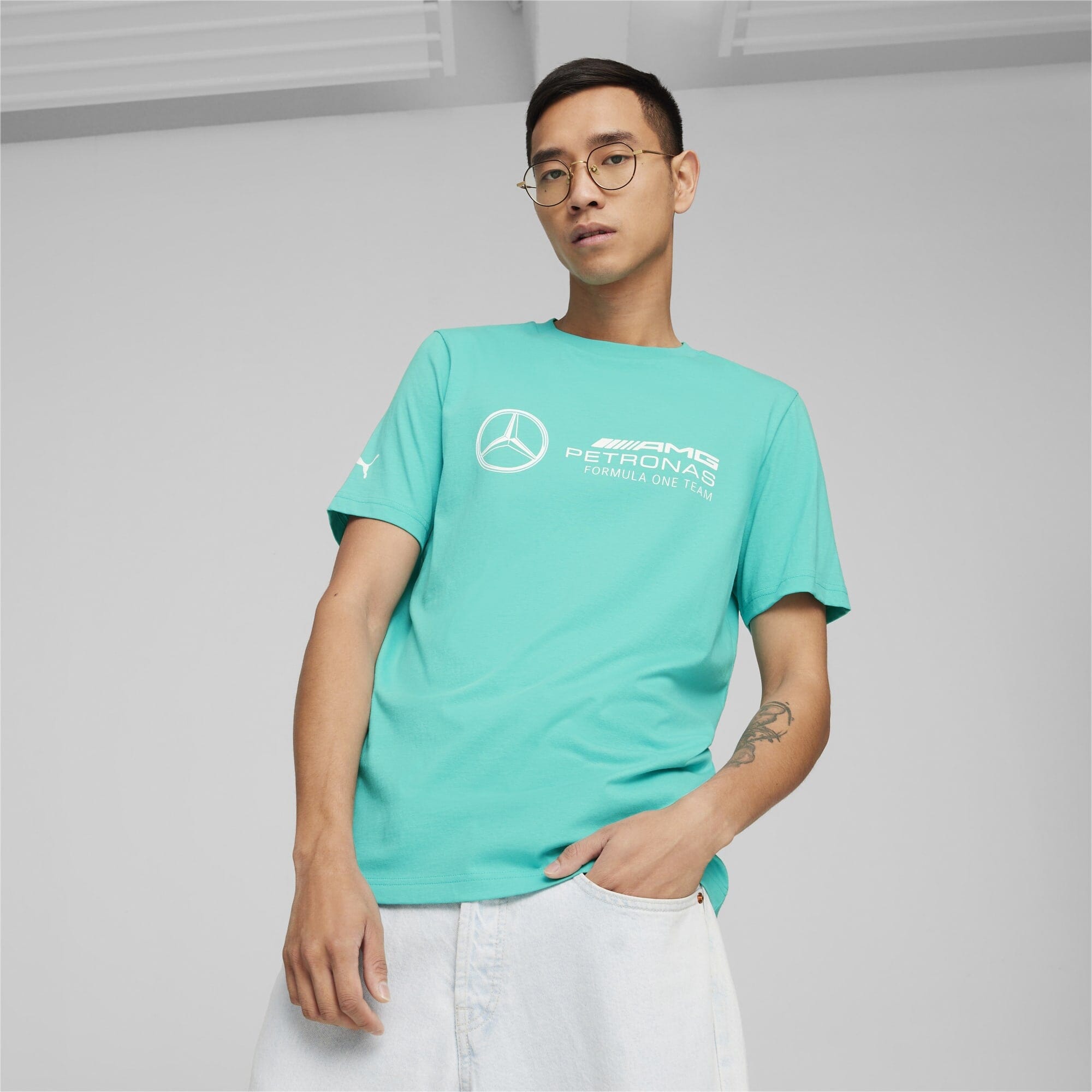 Mercedes Benz AMG Petronas F1 Puma Men's Large Logo T-Shirt - Black/Silver/Green T-shirts Mercedes AMG Petronas