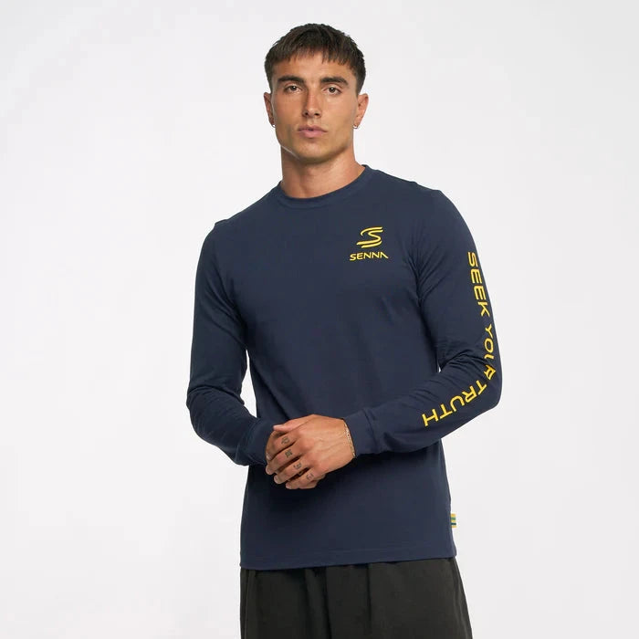 Ayrton Senna F1 Men's Legacy Long Sleeve T-Shirt - Navy/White T-shirts Ayrton Senna