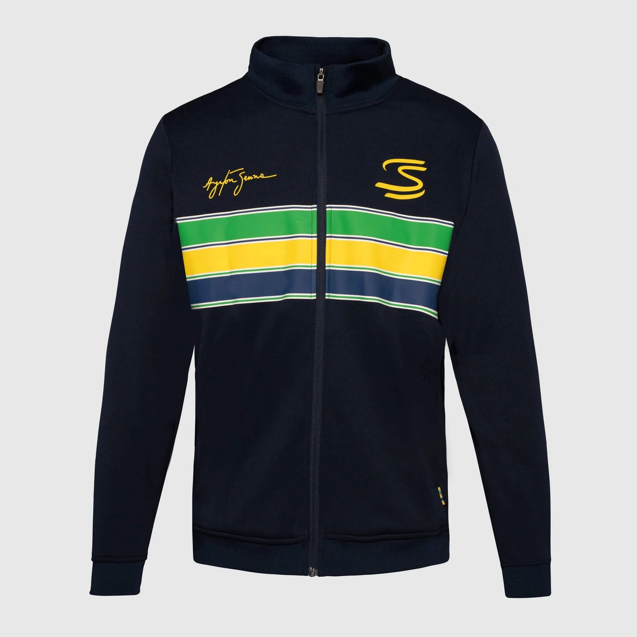 Ayrton Senna F1 Retro Stripe Pullover Jacket - White/Navy Jackets Ayrton Senna XS Navy