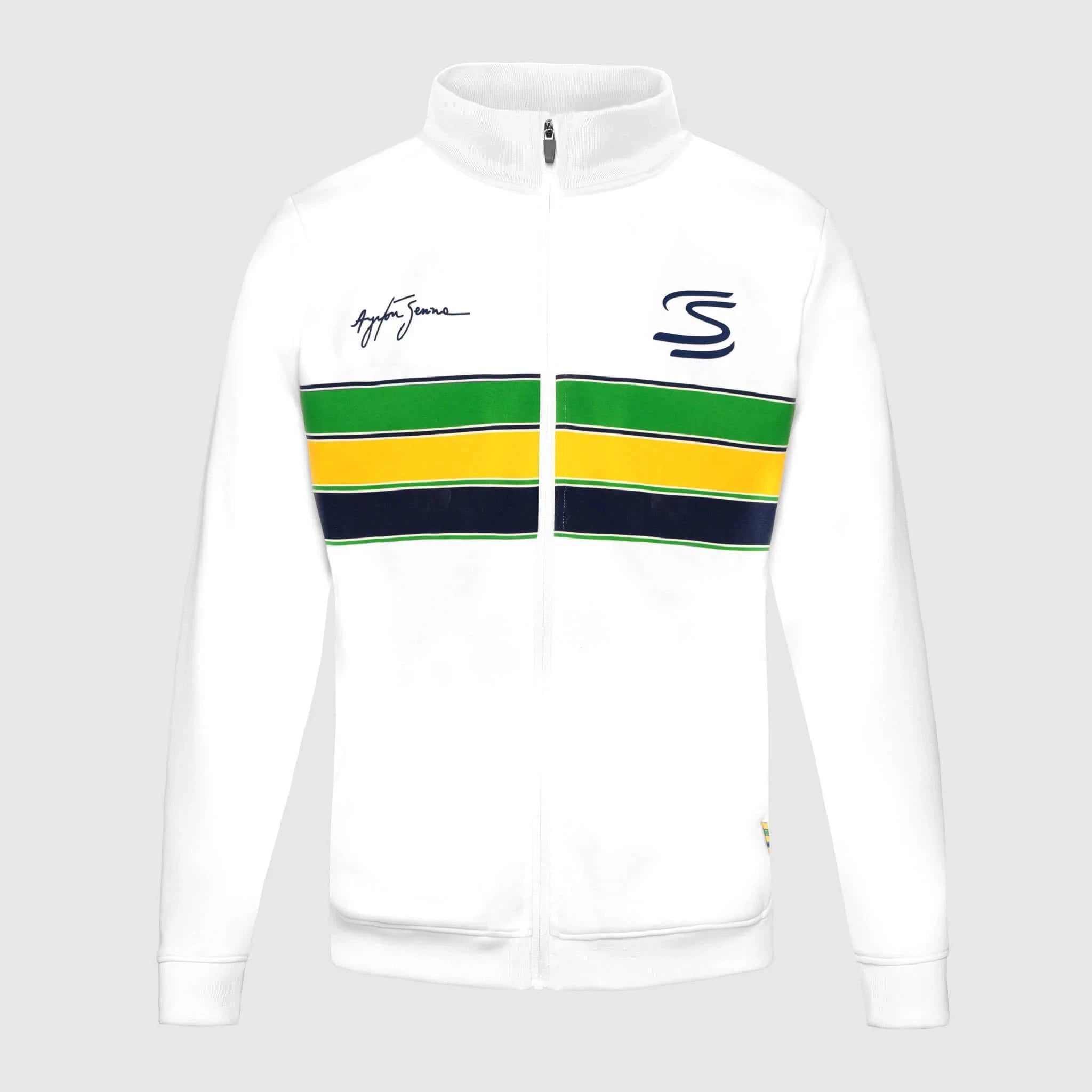 Ayrton Senna F1 Retro Stripe Pullover Jacket - White/Navy Jackets Ayrton Senna XS White