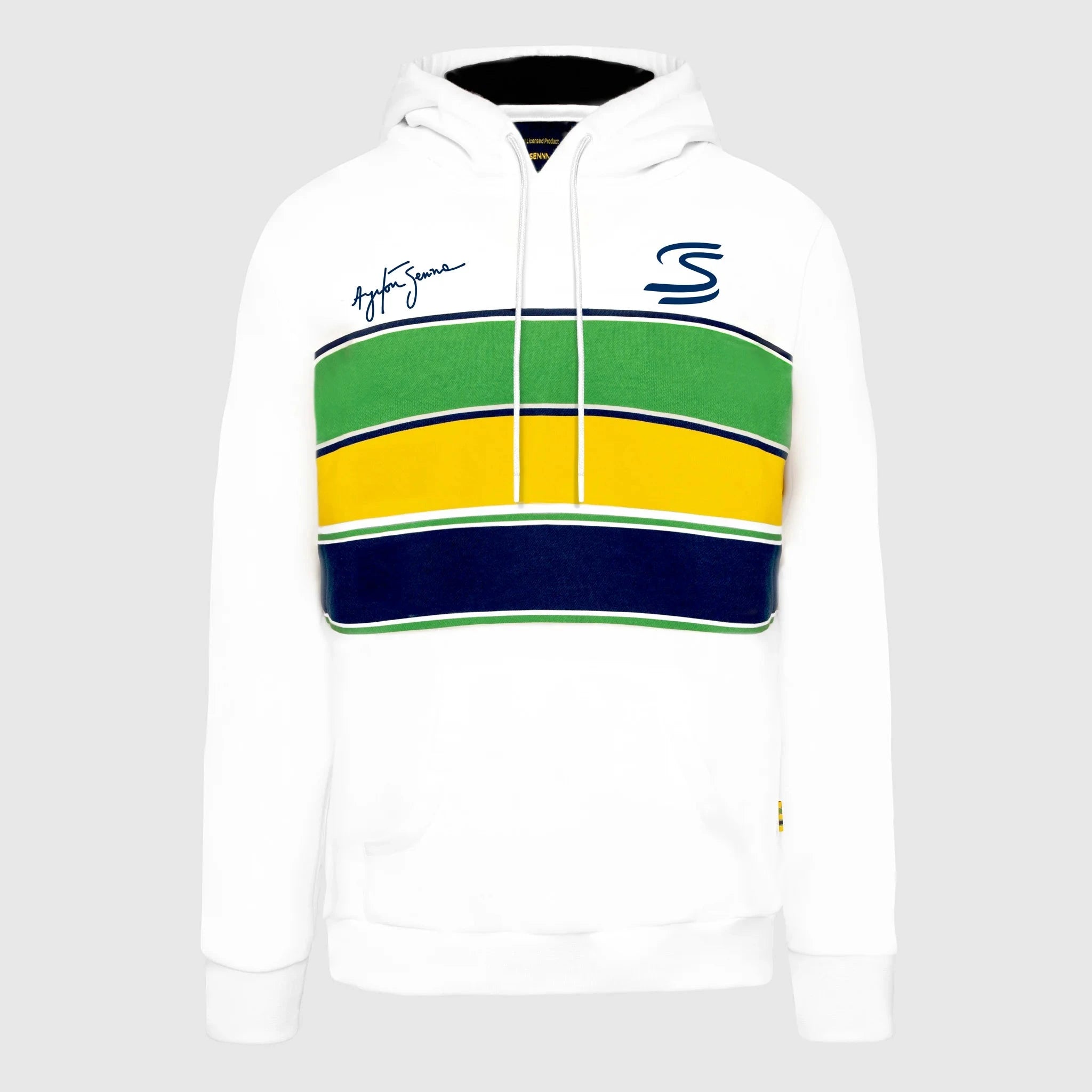 Ayrton Senna F1 Stripe Pullover Hoodie - White/Yellow Hoodies Ayrton Senna XS White