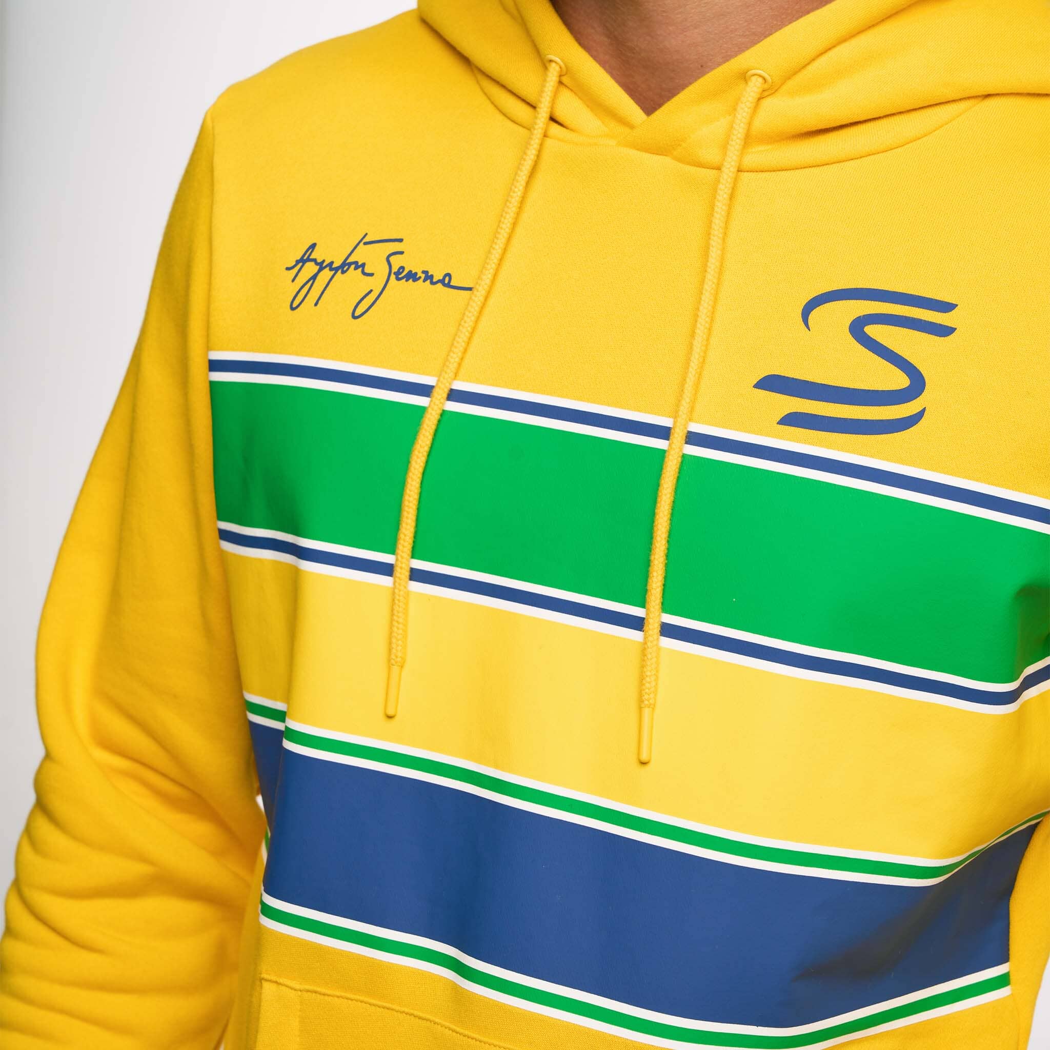 Ayrton Senna F1 Stripe Pullover Hoodie - White/Yellow Hoodies Ayrton Senna