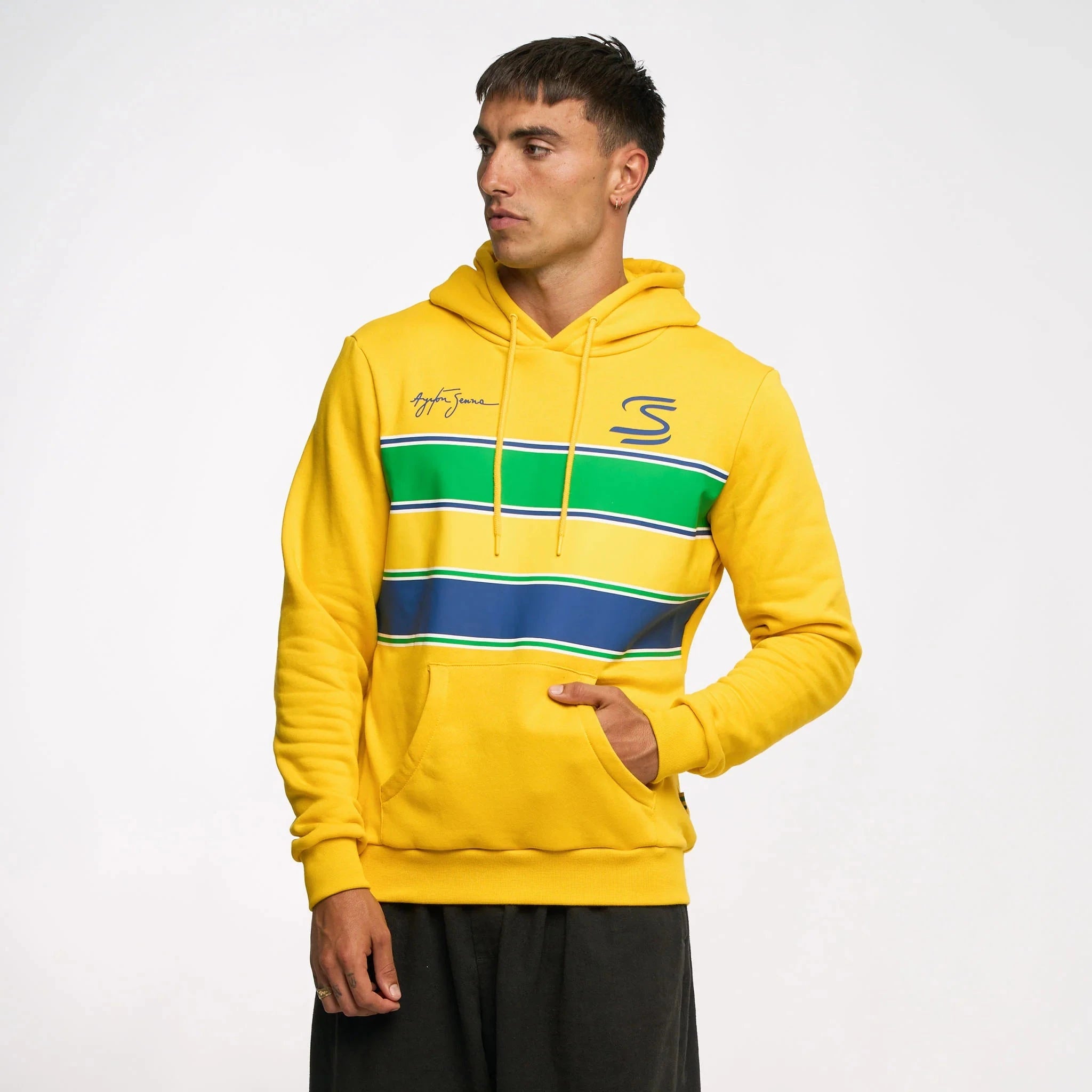 Ayrton Senna F1 Stripe Pullover Hoodie - White/Yellow Hoodies Ayrton Senna