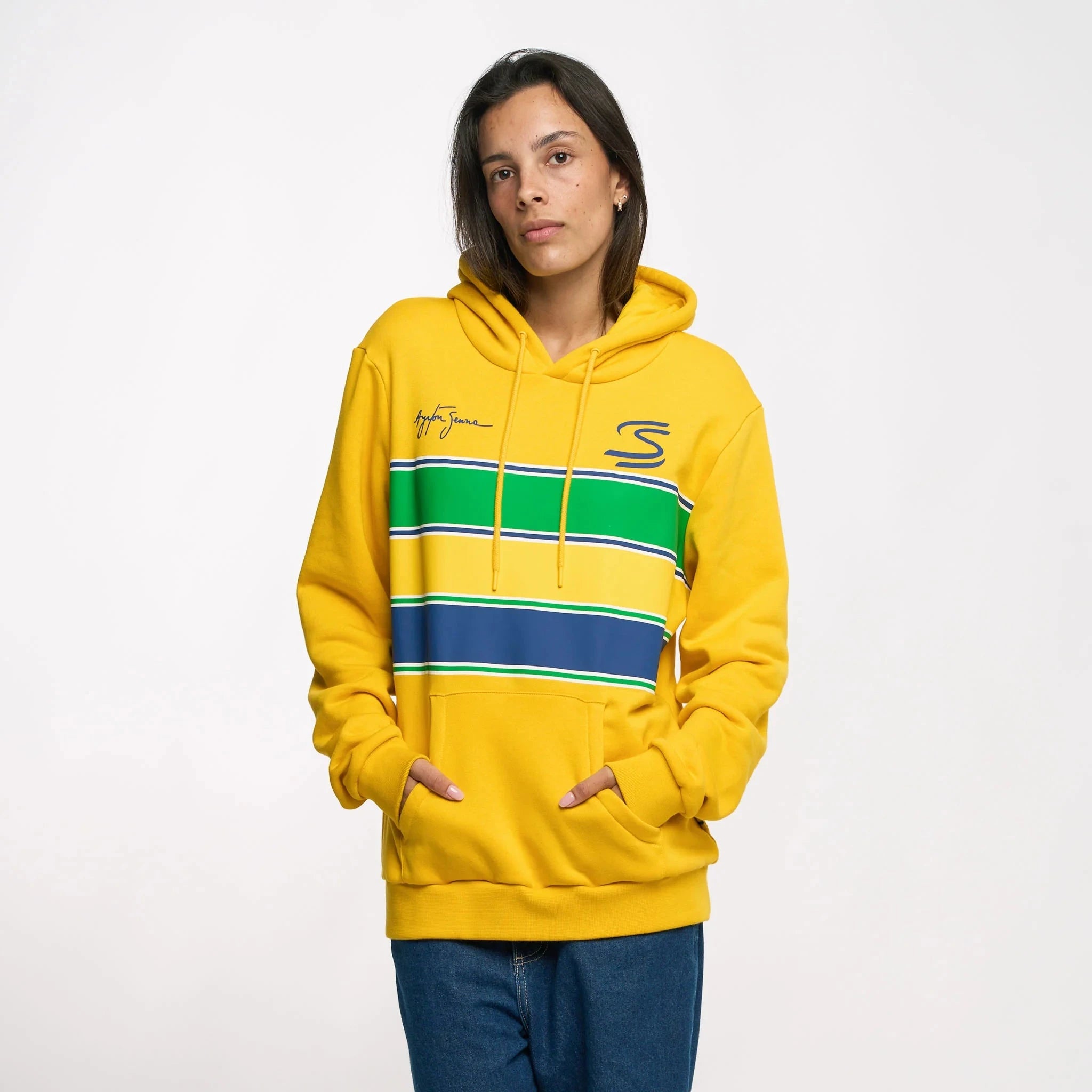 Ayrton Senna F1 Stripe Pullover Hoodie - White/Yellow Hoodies Ayrton Senna