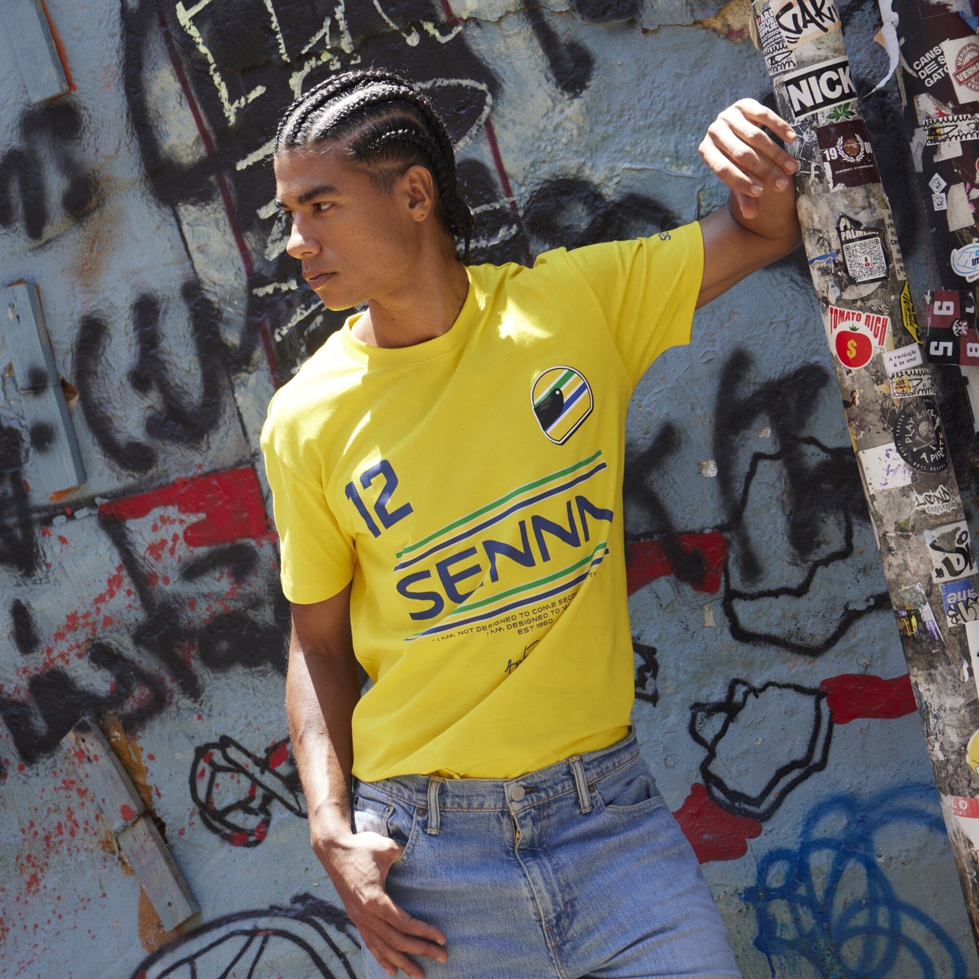 Ayrton Senna F1 Men's #12 Stripe T-Shirt - Navy/White/Yellow T-shirts Ayrton Senna