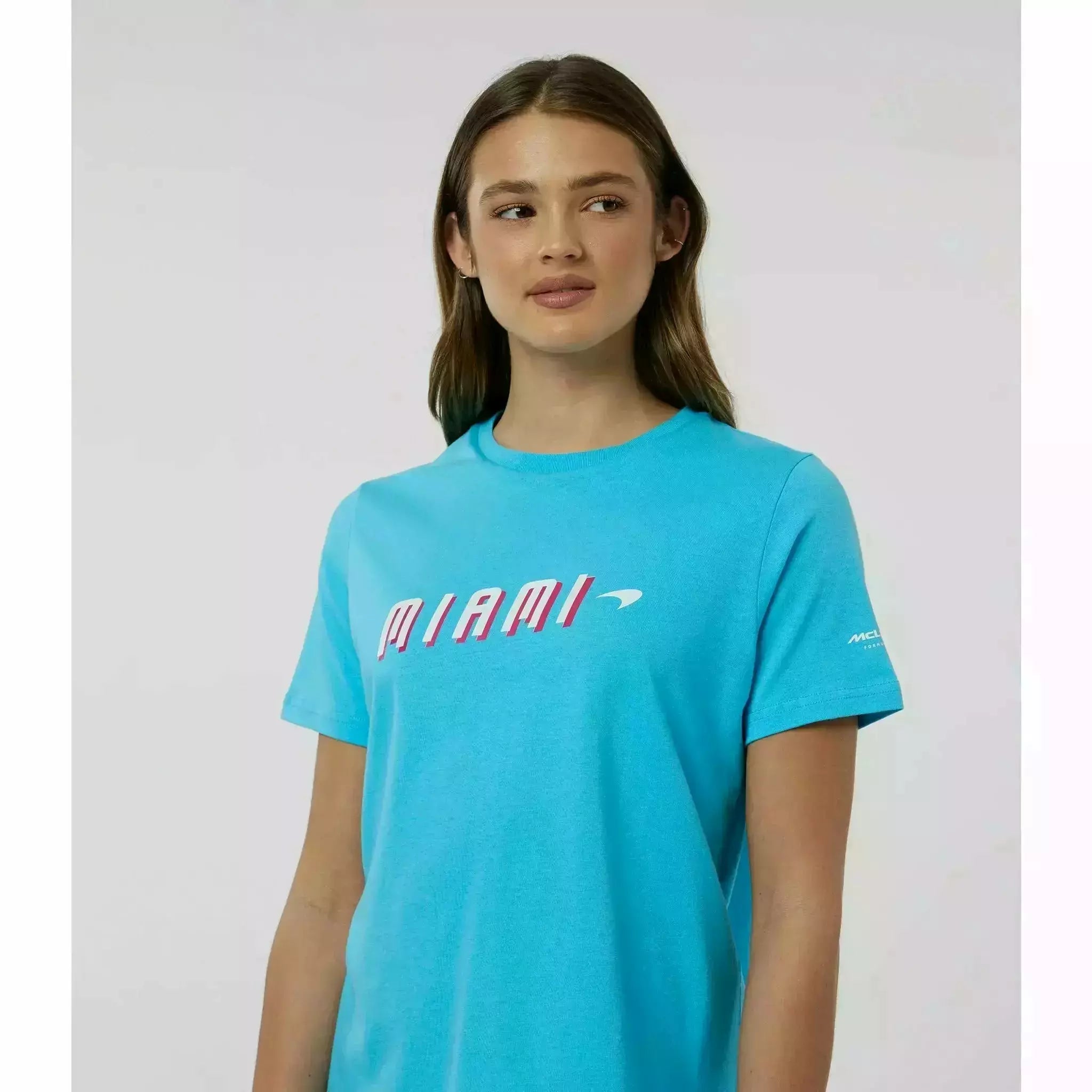 McLaren F1 Women's Miami Neon Graphic T-Shirt-White/Vice Blue/Beetroot Purple/Crystal Rose T-shirts Light Sea Green