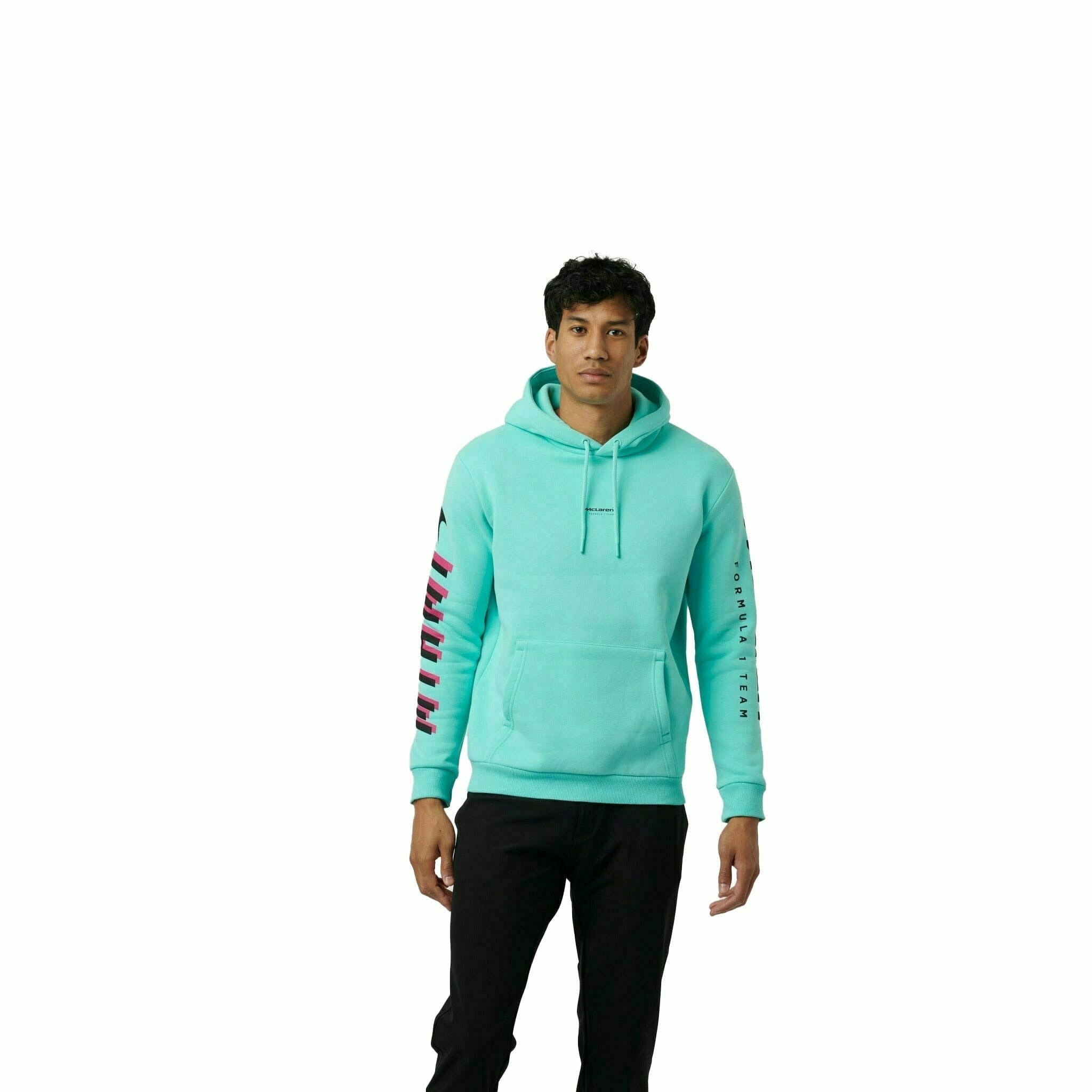 McLaren F1 Men's Miami Neon Logo Hoodie -Black/Vice Blue/Aqua Sky Hoodies Medium Aquamarine
