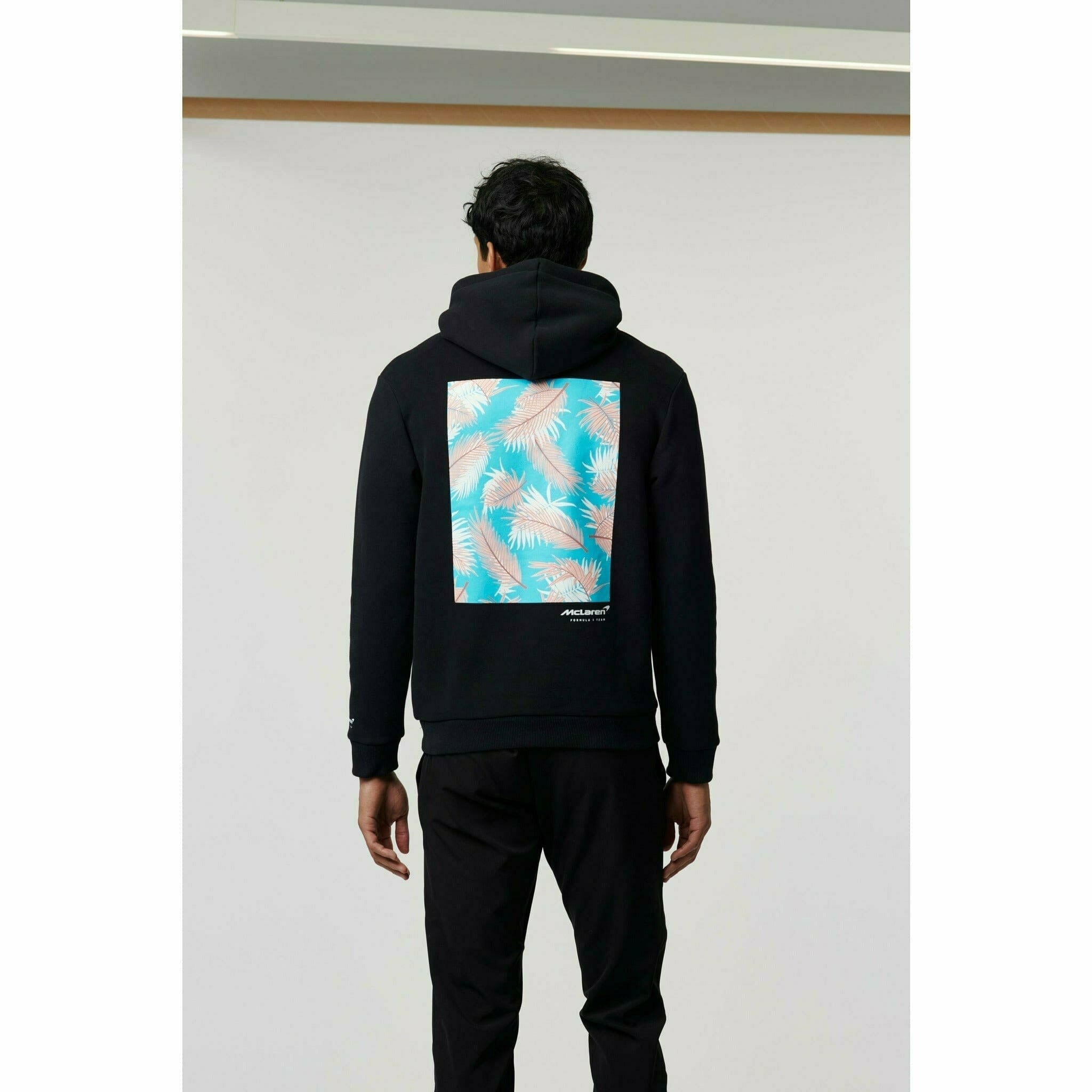 McLaren F1 Men's Miami Palm Graphic Hoodie -Black/Aqua Sky/Crystal Rose Hoodies Black