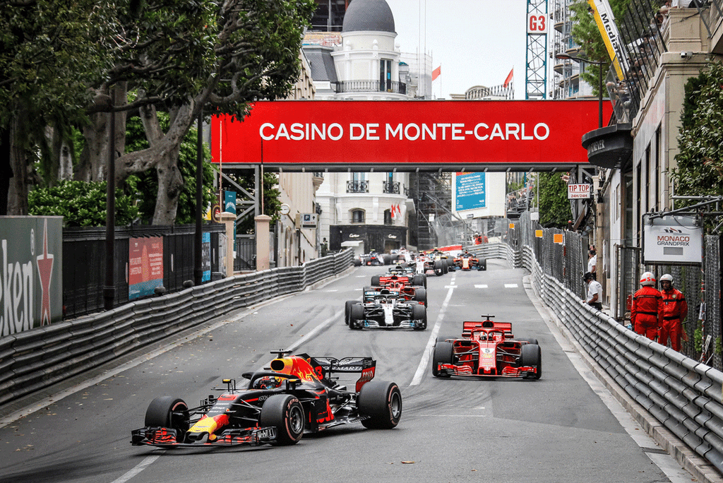 A line of race cars in the Formula 1 Monaco Grand Prix