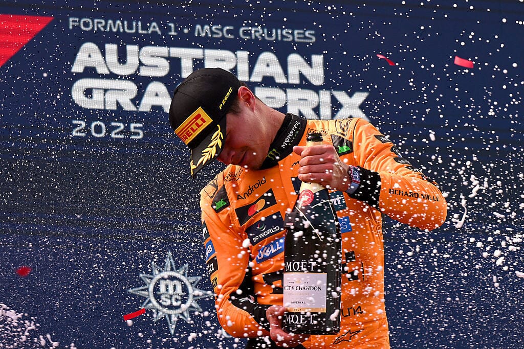 Race winner Lando Norris of Great Britain and McLaren celebrates on the podium with Champagne during the F1 Grand Prix of Austria at Red Bull Ring on June 29th, 2025 i Spielberg, Austria Photo by Sam Bagnall/Sutton Images Editorial #2222751681