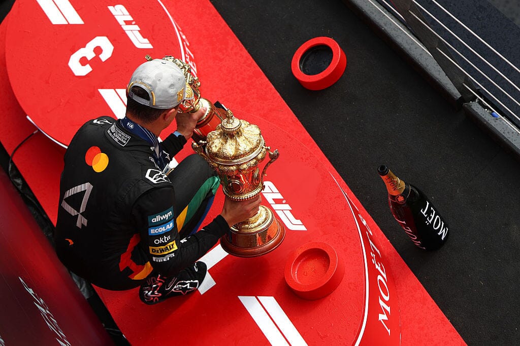 Race winner Lando Norris of Great Britain and McLaren on the podium with his trophies during the F1 Grand Prix of Great Britain at Silverstone Circuit on July 06, 2025 in Northhampton, England Photo by Zak Mauger/Lat Images Editorial # 2223825230