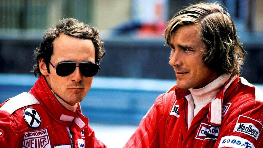 Niki Lauda and James Hunt in race suits