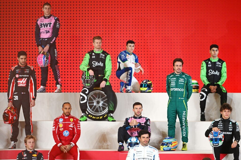 Racers at a photoshoot before a race.