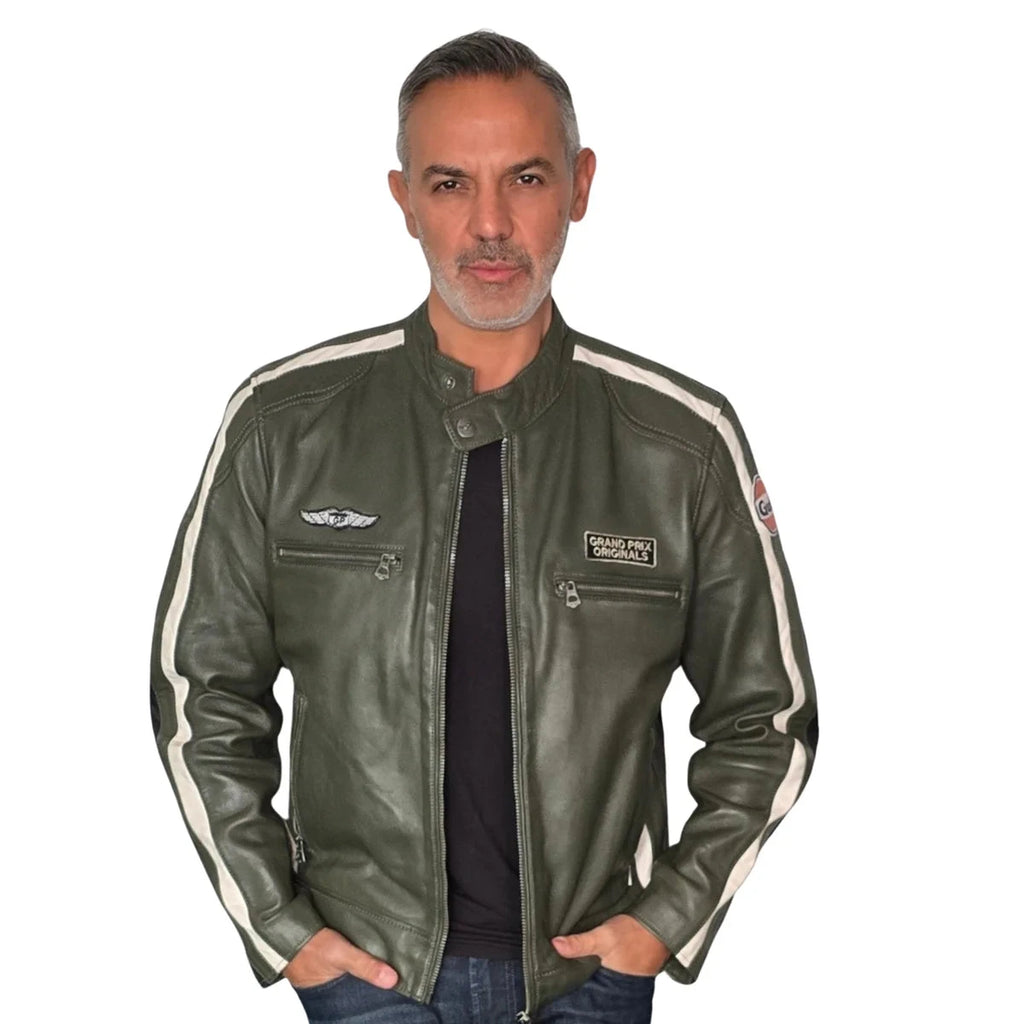 GrandPrix Originals Men's Lambskin Leather Racing Jacket - Olive/Gulf Blue/Orange Jackets GrandPrix Originals USA S Green 