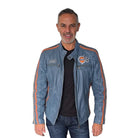 GrandPrix Originals Men's Lambskin Leather Racing Jacket - Olive/Gulf Blue/Orange Jackets GrandPrix Originals USA S Blue 