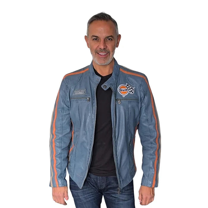 GrandPrix Originals Men's Lambskin Leather Racing Jacket - Olive/Gulf Blue/Orange Jackets GrandPrix Originals USA S Blue 