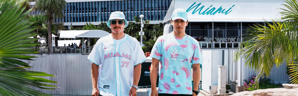 Stake F1 Kick Sauber Men's Special Edition Miami GP Flamingo White Baseball Jersey - Bottas/Zhou T-shirts Stake F1 Kick Sauber 