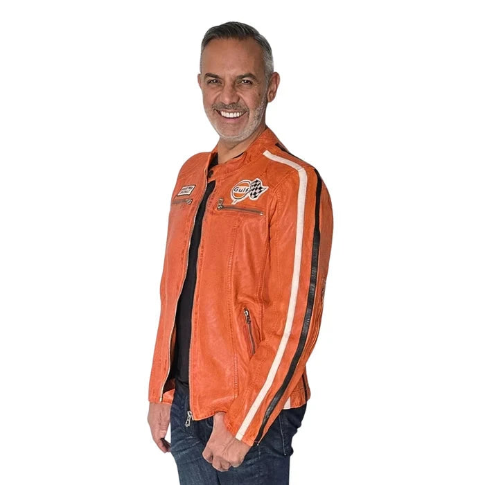 GrandPrix Originals Men's Lambskin Leather Racing Jacket - Olive/Gulf Blue/Orange Jackets GrandPrix Originals USA S Orange 