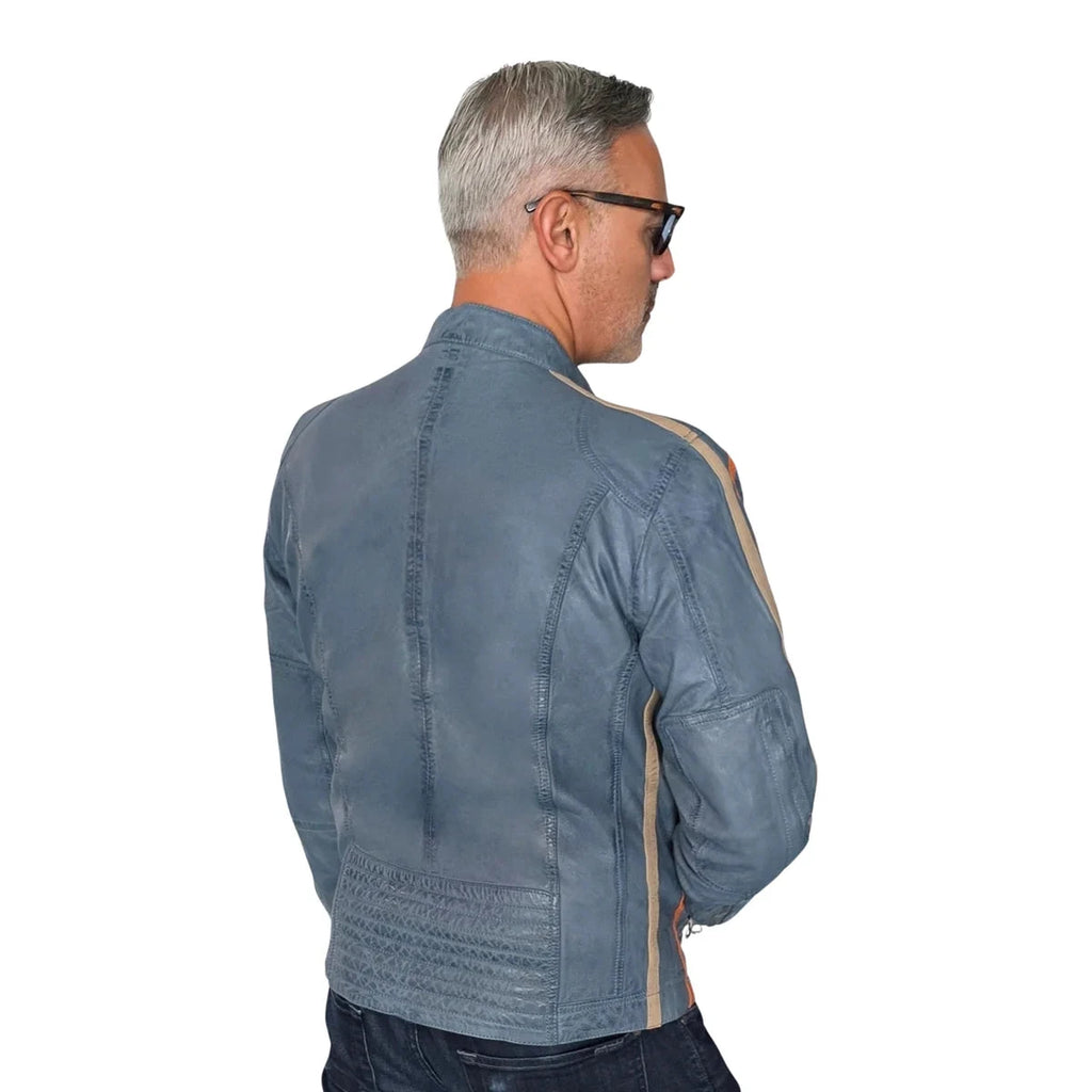 GrandPrix Originals Men's Lambskin Leather Racing Jacket - Olive/Gulf Blue/Orange Jackets GrandPrix Originals USA 