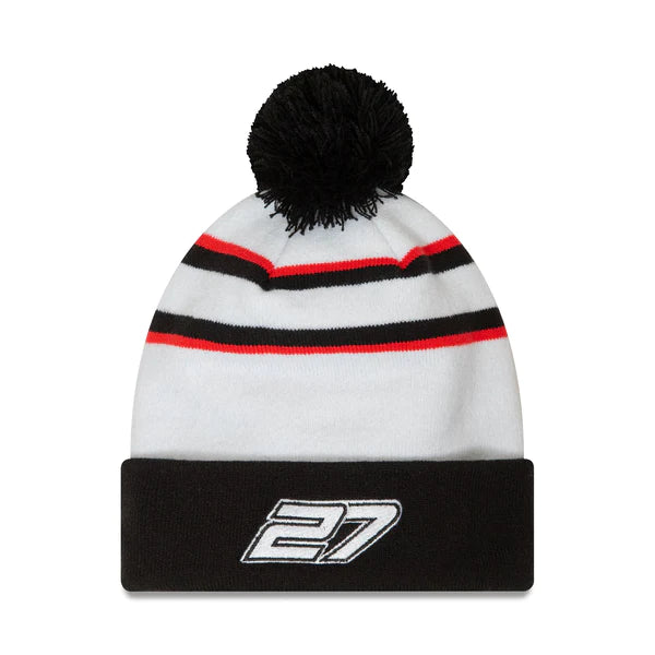 Haas Racing F1 Nico Hulkenberg Team Cuff Knit Beanie with Pom - White Hats Haas F1 Racing Team 