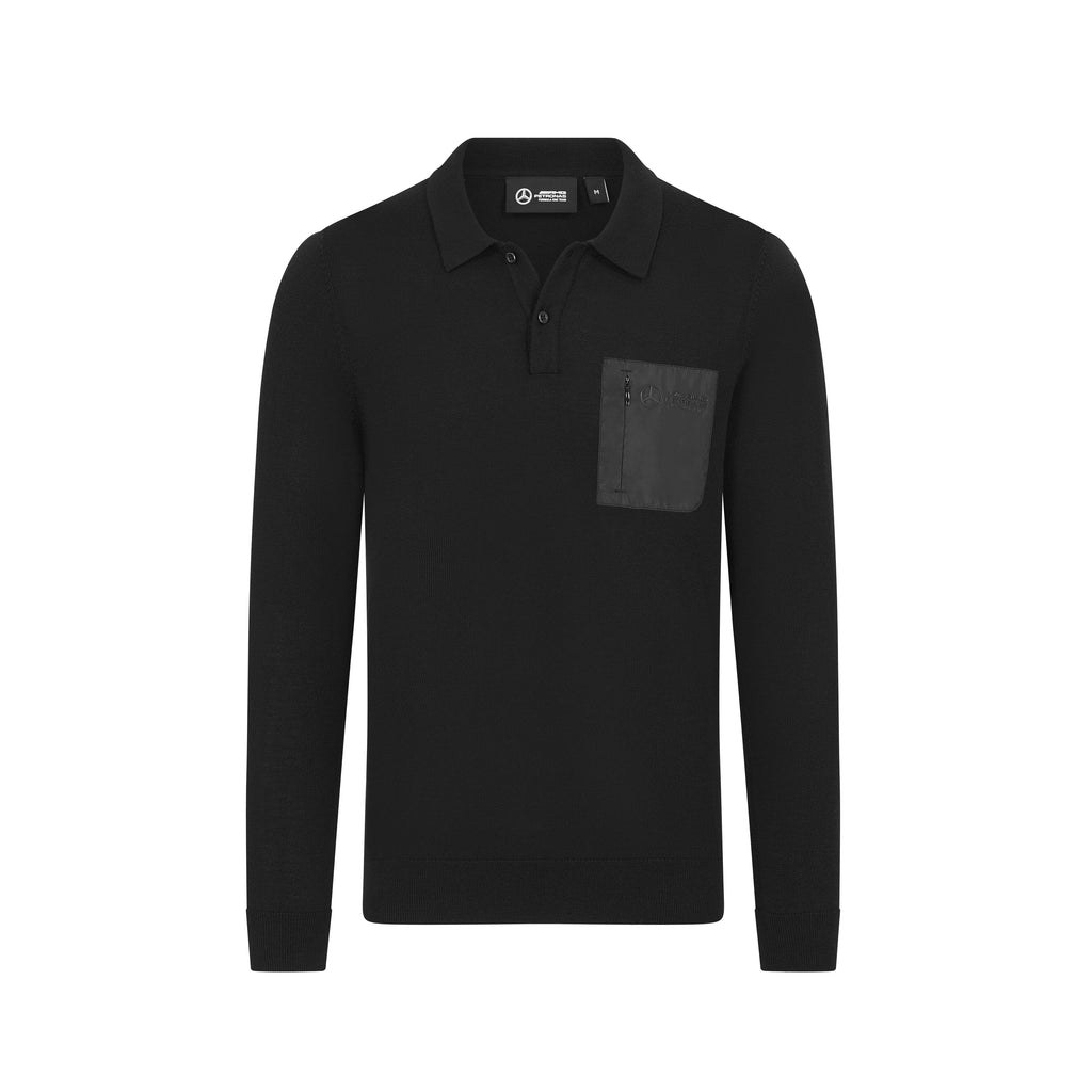 Mercedes AMG Petronas F1 Men's Elevated Knit Long Sleeve Polo Shirt - Black Polos Mercedes AMG Petronas 