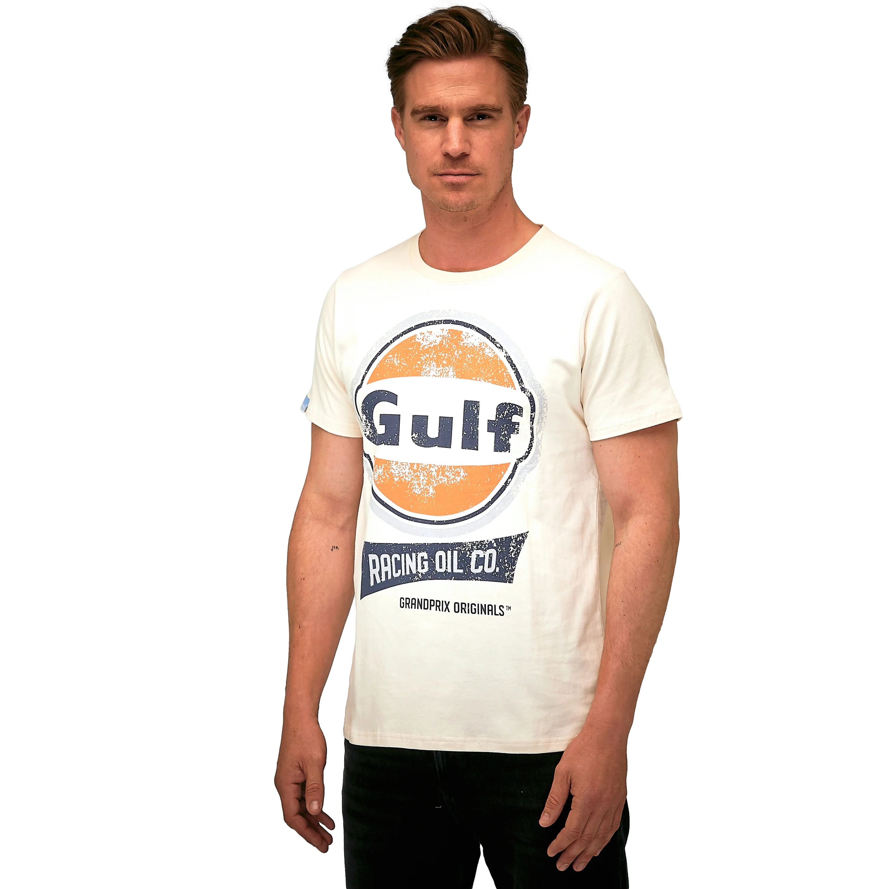 GrandPrix Originals Men's Gulf Vintage Racing Oil T-Shirt - Gulf Blue/Cream T-shirts GrandPrix Originals USA 