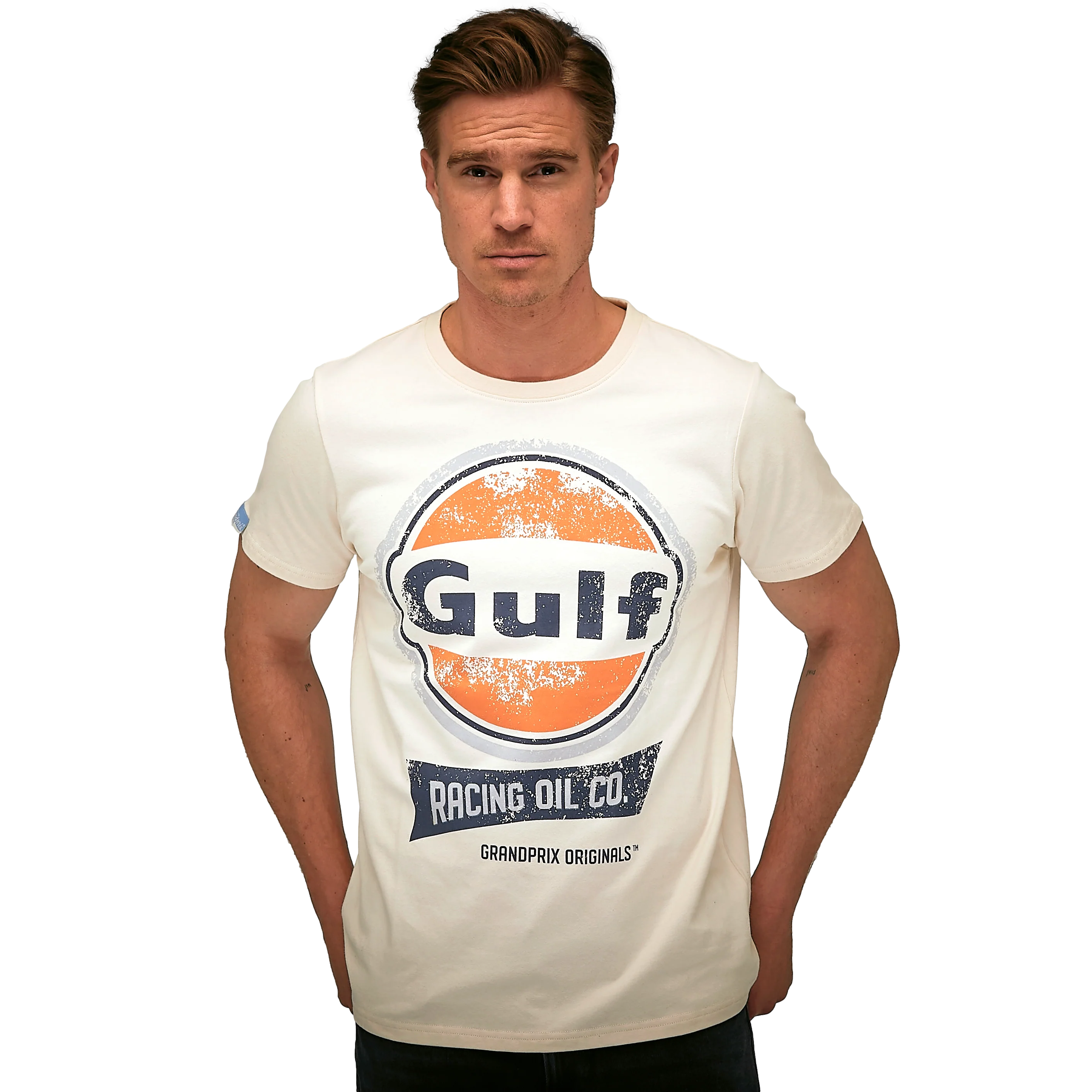 GrandPrix Originals Men's Gulf Vintage Racing Oil T-Shirt - Gulf Blue/Cream T-shirts GrandPrix Originals USA S Cream 