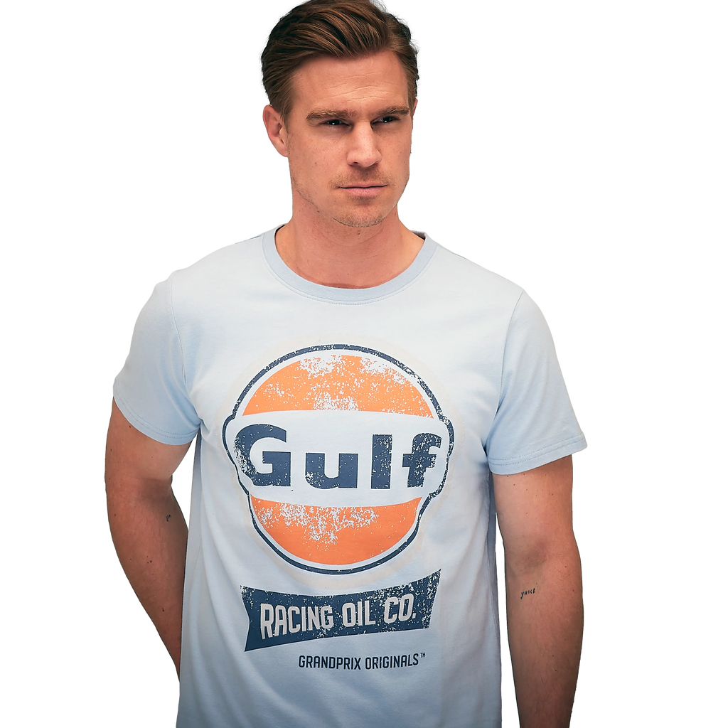 GrandPrix Originals Men's Gulf Vintage Racing Oil T-Shirt - Gulf Blue/Cream T-shirts GrandPrix Originals USA S Blue 