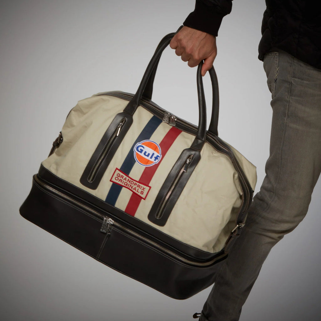 GrandPrix Originals Gulf Leather/Canvas Track Sport Dual-Compartment Duffel Bag - Sand Bags GrandPrix Originals USA 