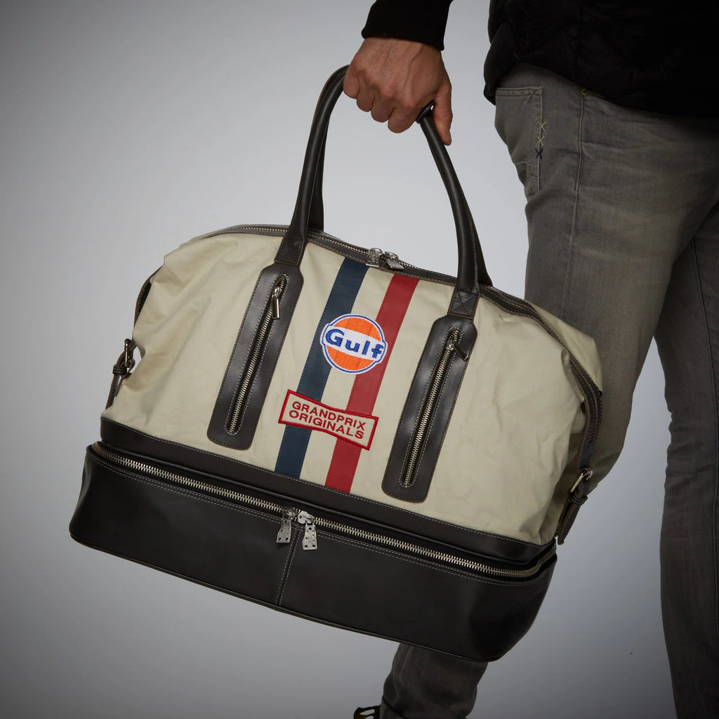 GrandPrix Originals Gulf Leather/Canvas Track Sport Dual-Compartment Duffel Bag - Sand Bags GrandPrix Originals USA 