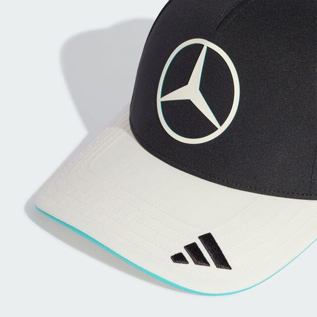 Mercedes-AMG Petronas F1 Las Vegas GP special edition cap in black with off-white visor, detail of the Mercedes star and visor