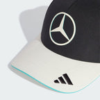 Mercedes-AMG Petronas F1 Las Vegas GP special edition cap in black with off-white visor, detail of the Mercedes star and visor