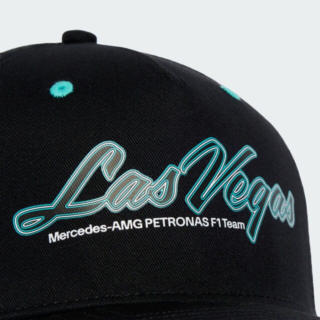 Mercedes-AMG Petronas F1 Las Vegas GP special edition trucker cap in black, detail of the Las Vegas script