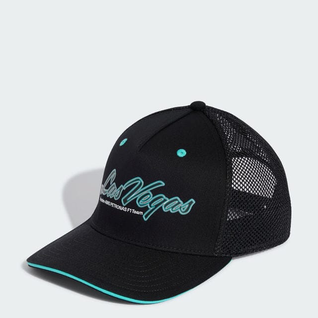 Mercedes-AMG Petronas F1 Las Vegas GP special edition trucker cap in black, front, angled view