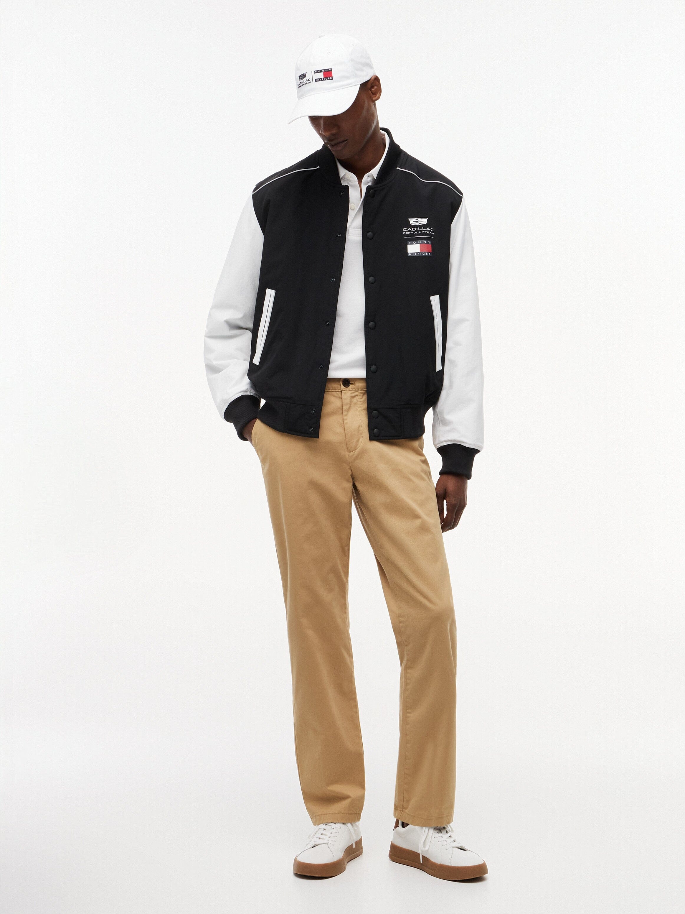 Unisex Tommy Hilfiger x Cadillac F1 Team Black Full-Snap Varsity Bomber Jacket Size: Extra Small Unisex Tommy Hilfiger x Cadillac F1 Team Black Full-Snap Varsity Bomber Jacket Size: Extra Small