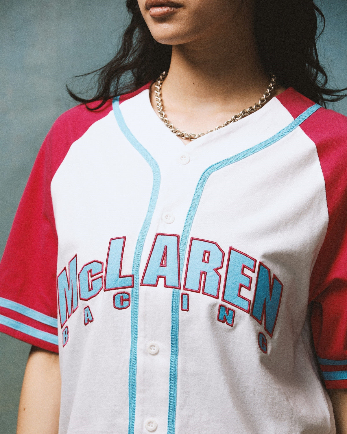 McLaren Racing F1 Special Edition Miami GP Mitchell & Ness Baseball Jersey - Blue/Pink Jersey McLaren-Castore 