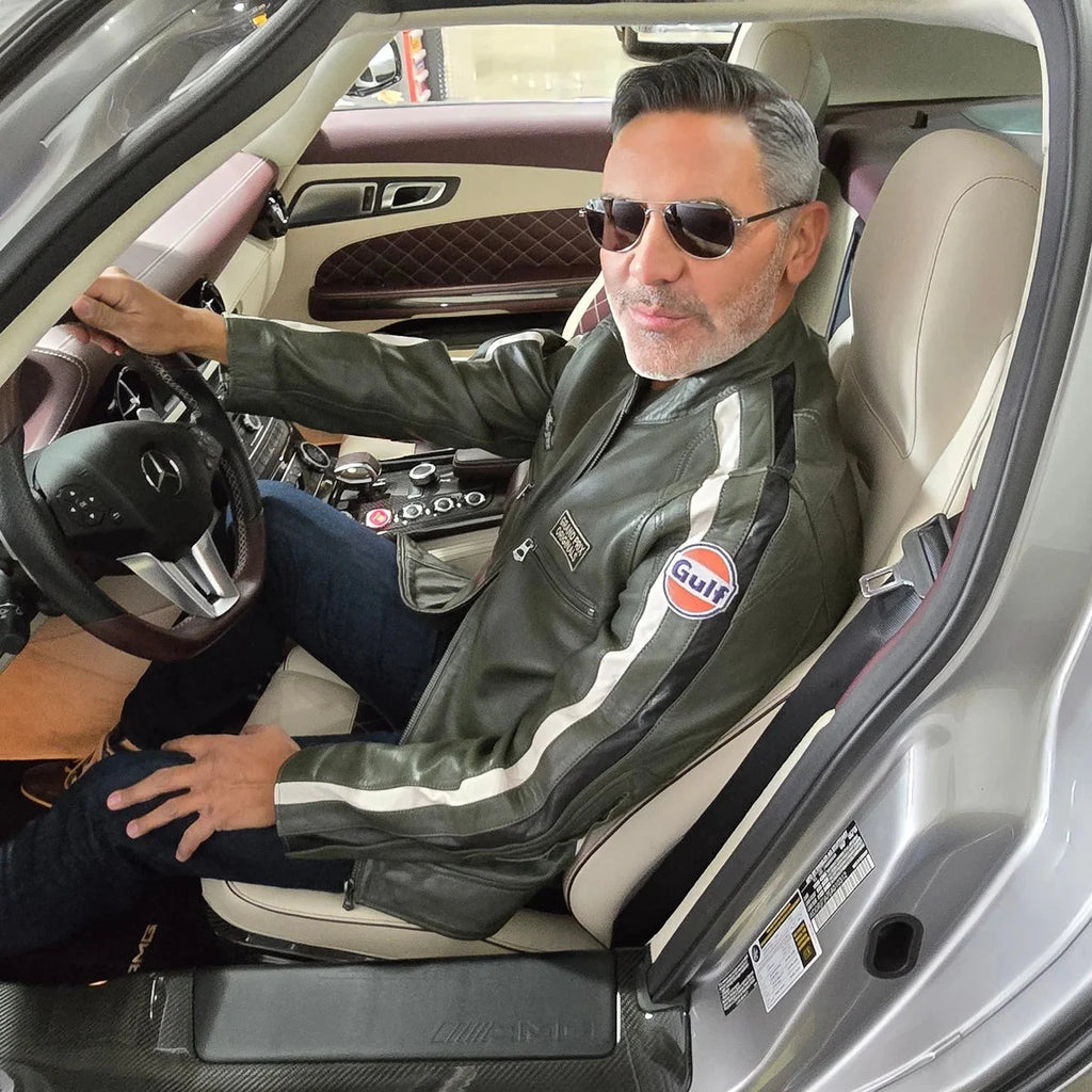 GrandPrix Originals Men's Lambskin Leather Racing Jacket - Olive/Gulf Blue/Orange Jackets GrandPrix Originals USA 