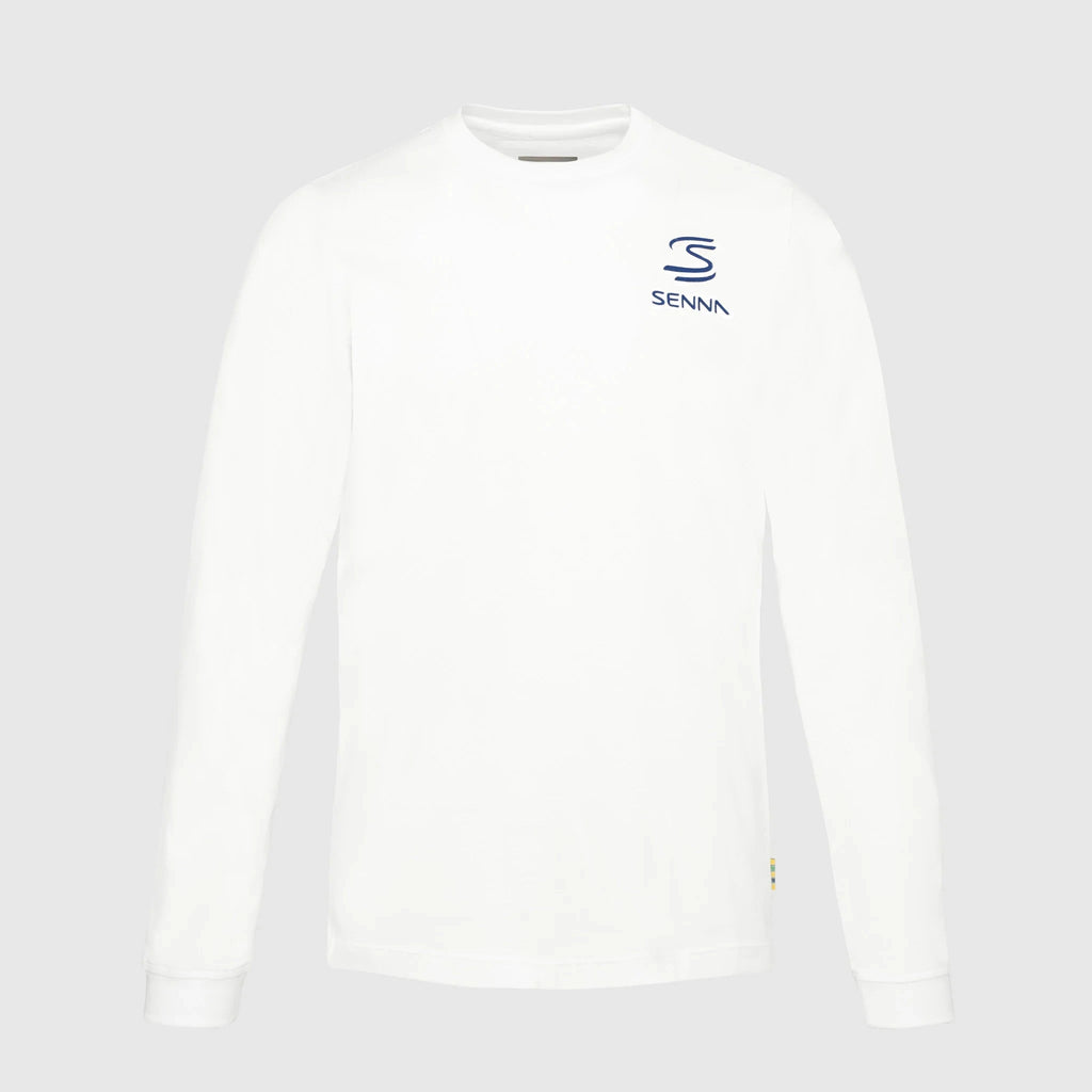 Ayrton Senna F1 Men's Legacy Long Sleeve T-Shirt - Navy/White T-shirts Ayrton Senna XS White 